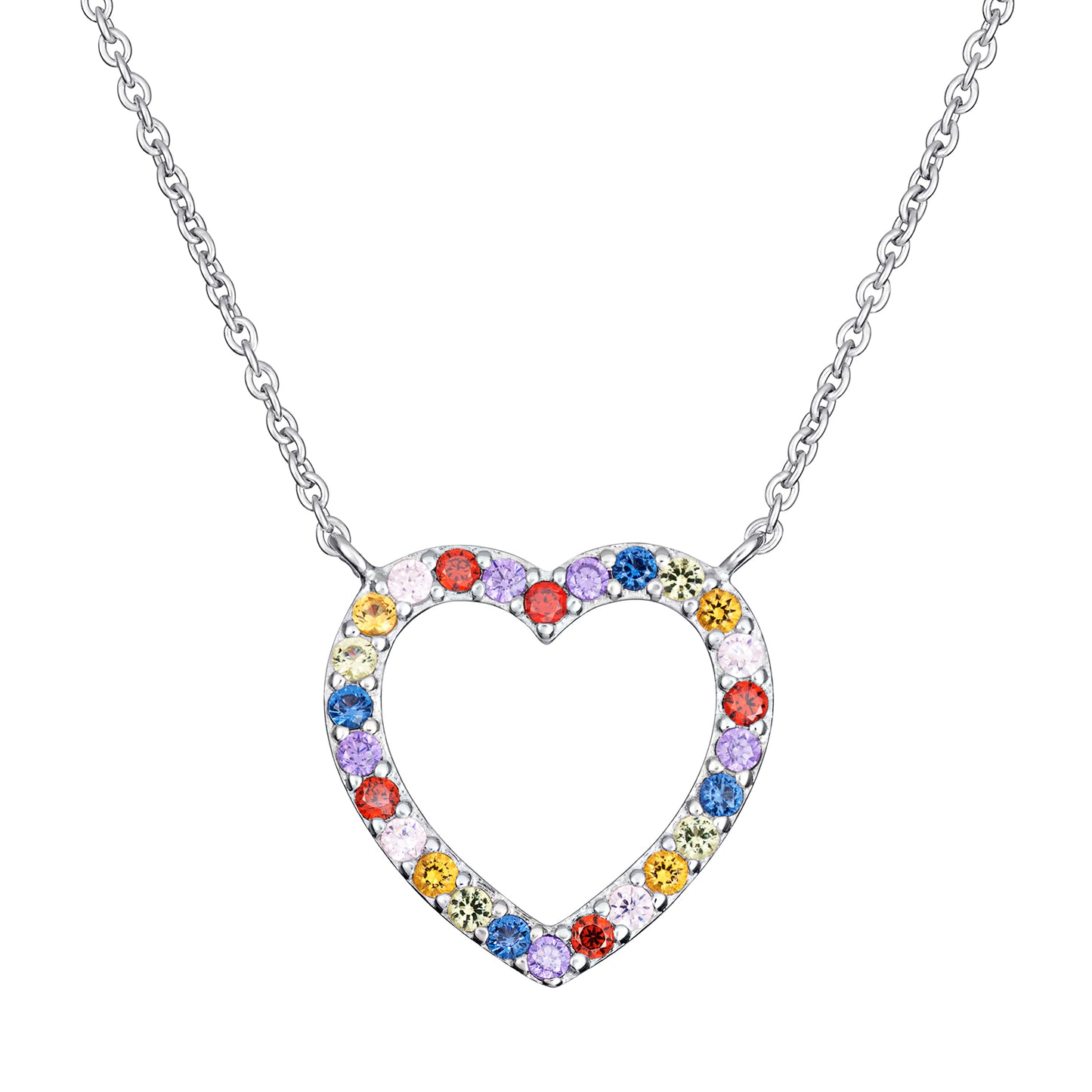 Sterling Silver Multi Colour Stone Set Open Heart Necklet