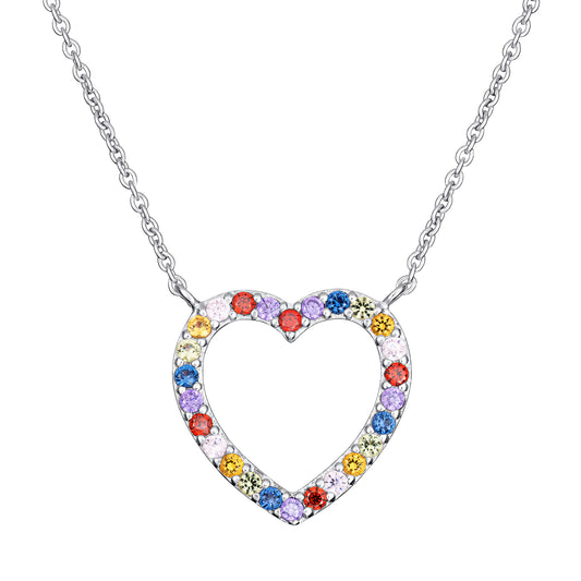 Sterling Silver Multi Colour Stone Set Open Heart Necklet
