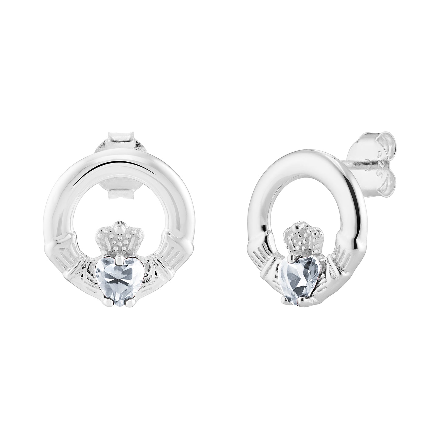 Sterling Silver April Birthstone Claddagh Stud Earrings
