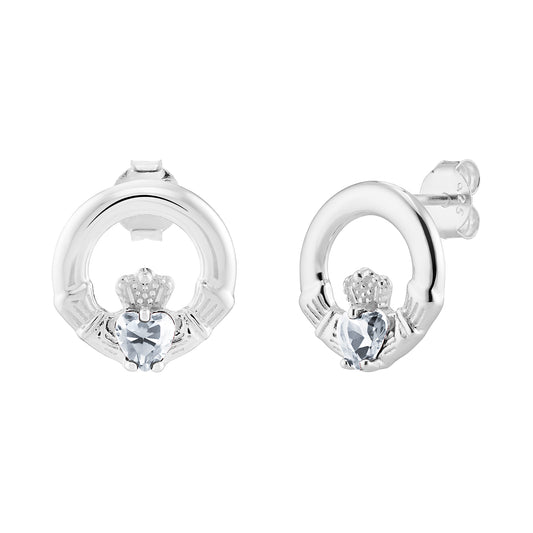 Sterling Silver April Birthstone Claddagh Stud Earrings