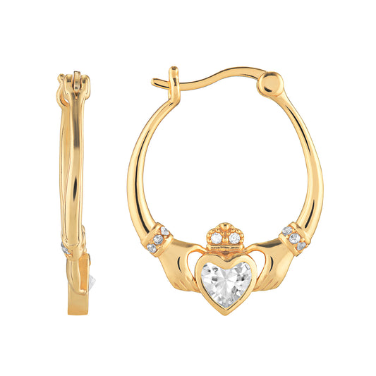 Sterling silver Gold Plated CZ Claddagh Hoop Earrings
