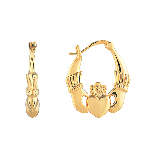Sterling Silver Gold Plated Claddagh Hinged Hoop Earrings