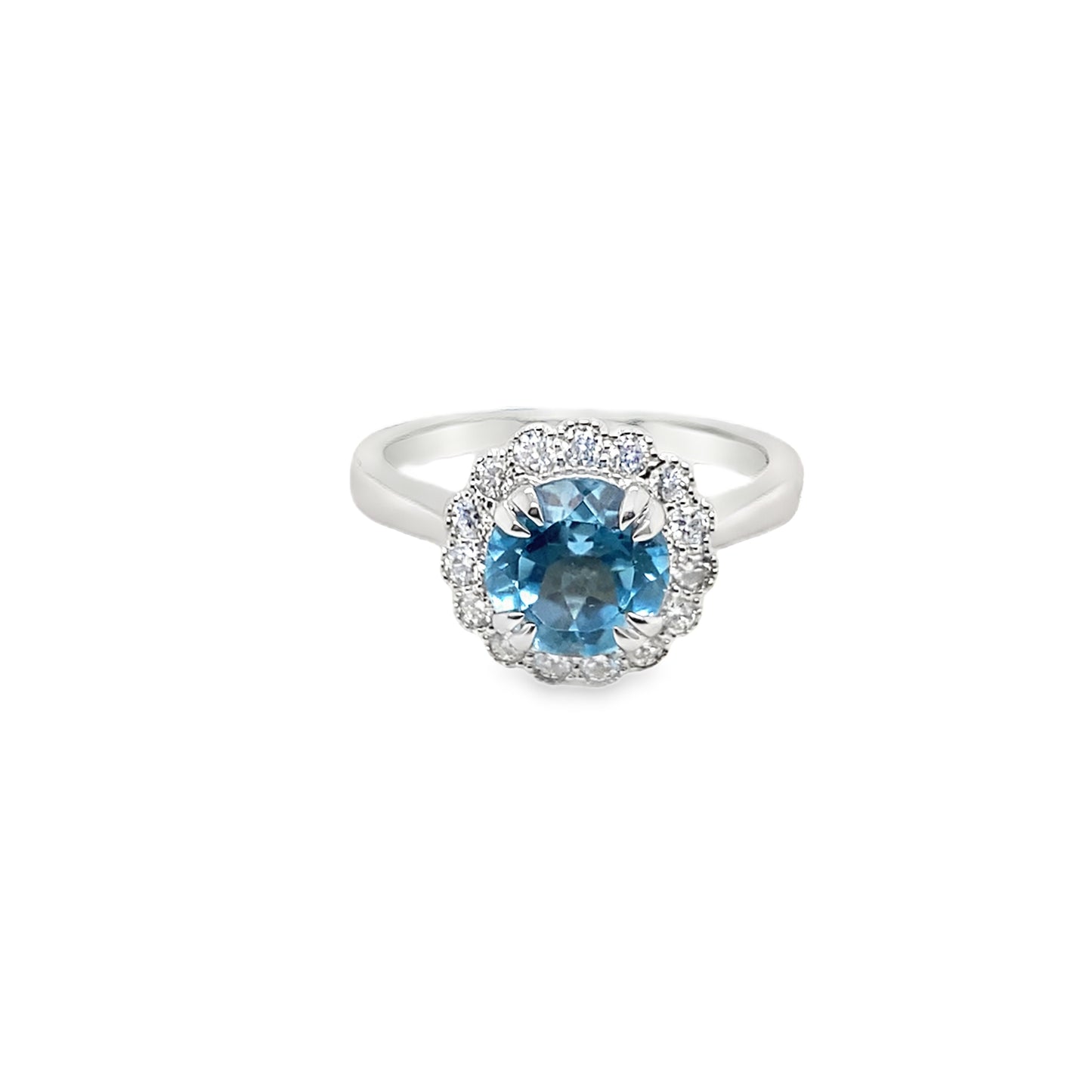 9ct White Gold Round Brilliant London Blue Topaz and Diamond Set Halo ring
