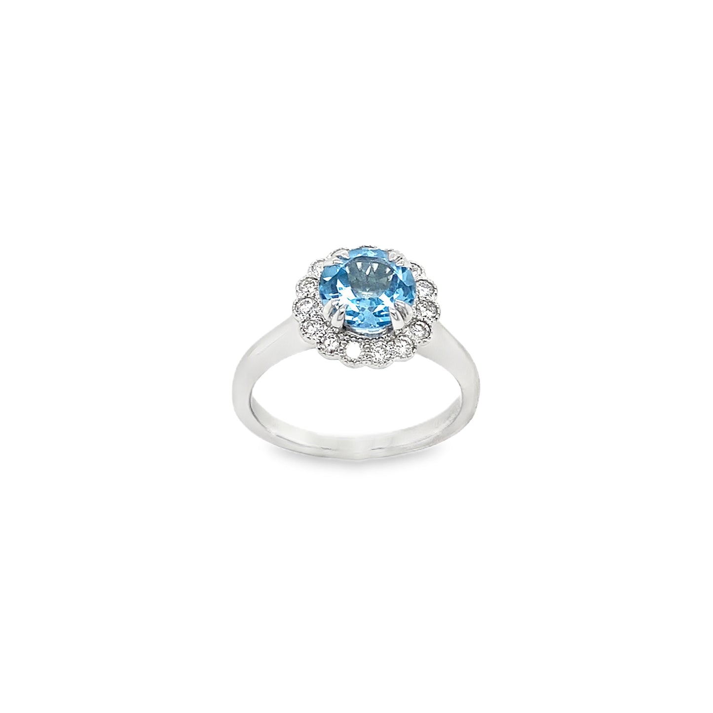 9ct White Gold Round Brilliant London Blue Topaz and Diamond Set Halo ring