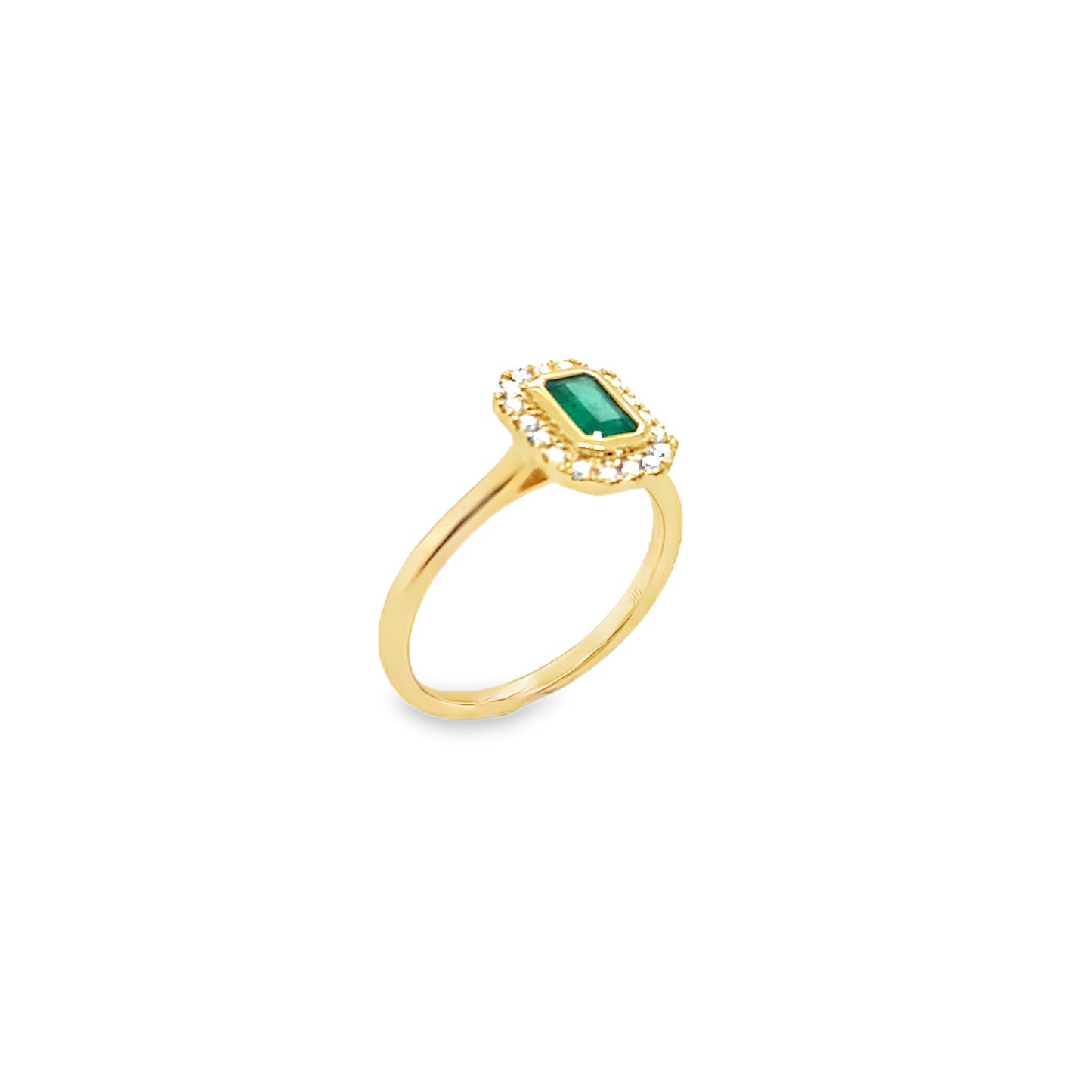 9ct Yellow Gold Emerald cut Emerald and Diamond Halo Ring .19ct