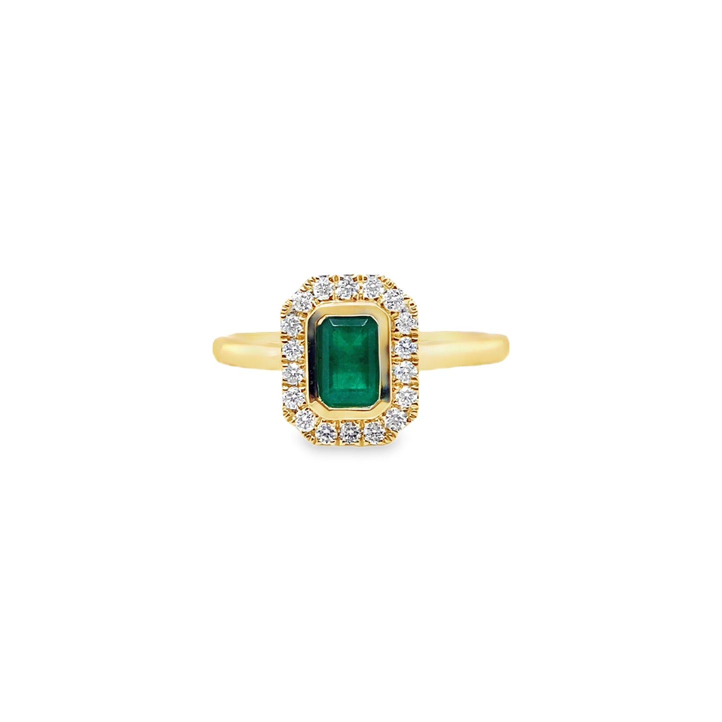 9ct Yellow Gold Emerald cut Emerald and Diamond Halo Ring .19ct