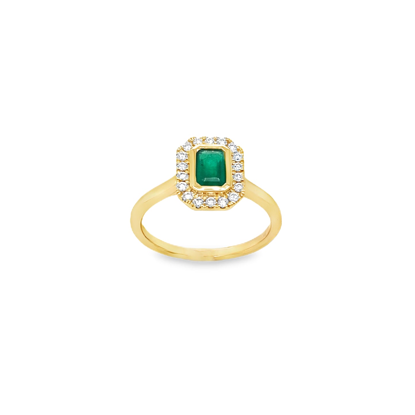 9ct Yellow Gold Emerald cut Emerald and Diamond Halo Ring .19ct