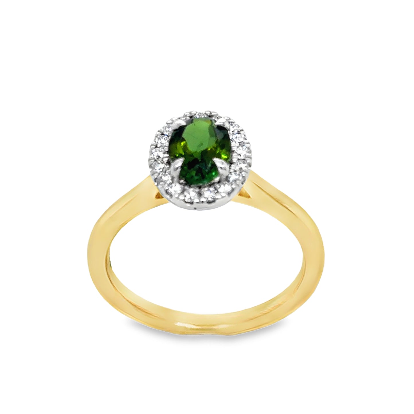 9ct Yellow Gold Oval Green Tourmaline and Diamond Halo Ring .20ct
