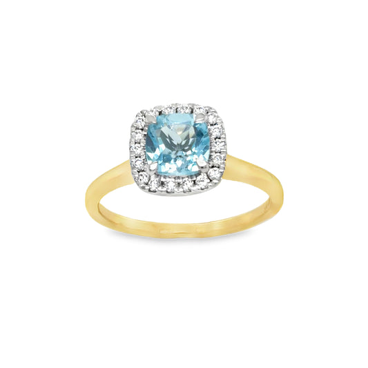 9ct White Gold Cushion Cut Blue Topaz and Diamond Halo Ring .20ct