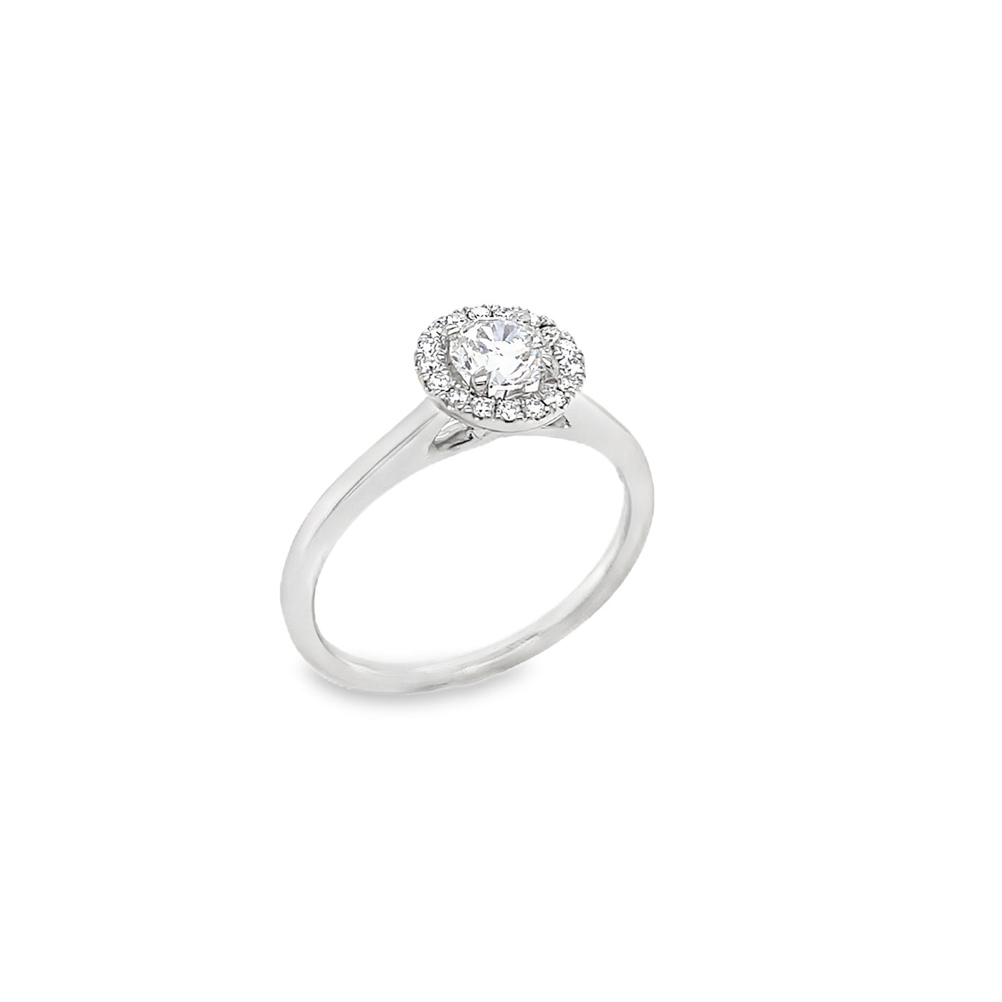 Platinum Round Brilliant Soliatiare Diamond Ring with Diamond Set Halo .70ct