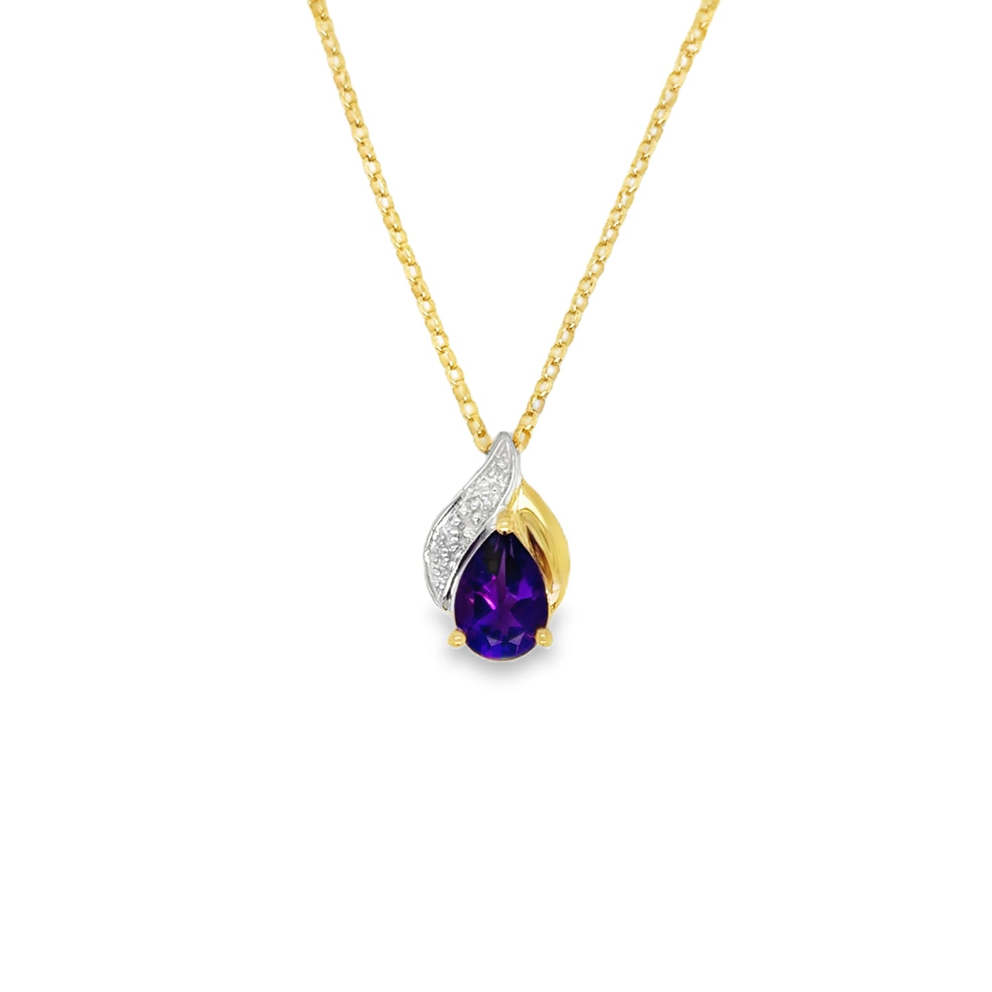 9ct Yellow Gold Pear Cut Amethyst and Diamond Teardrop Swirl Pendant .01ct