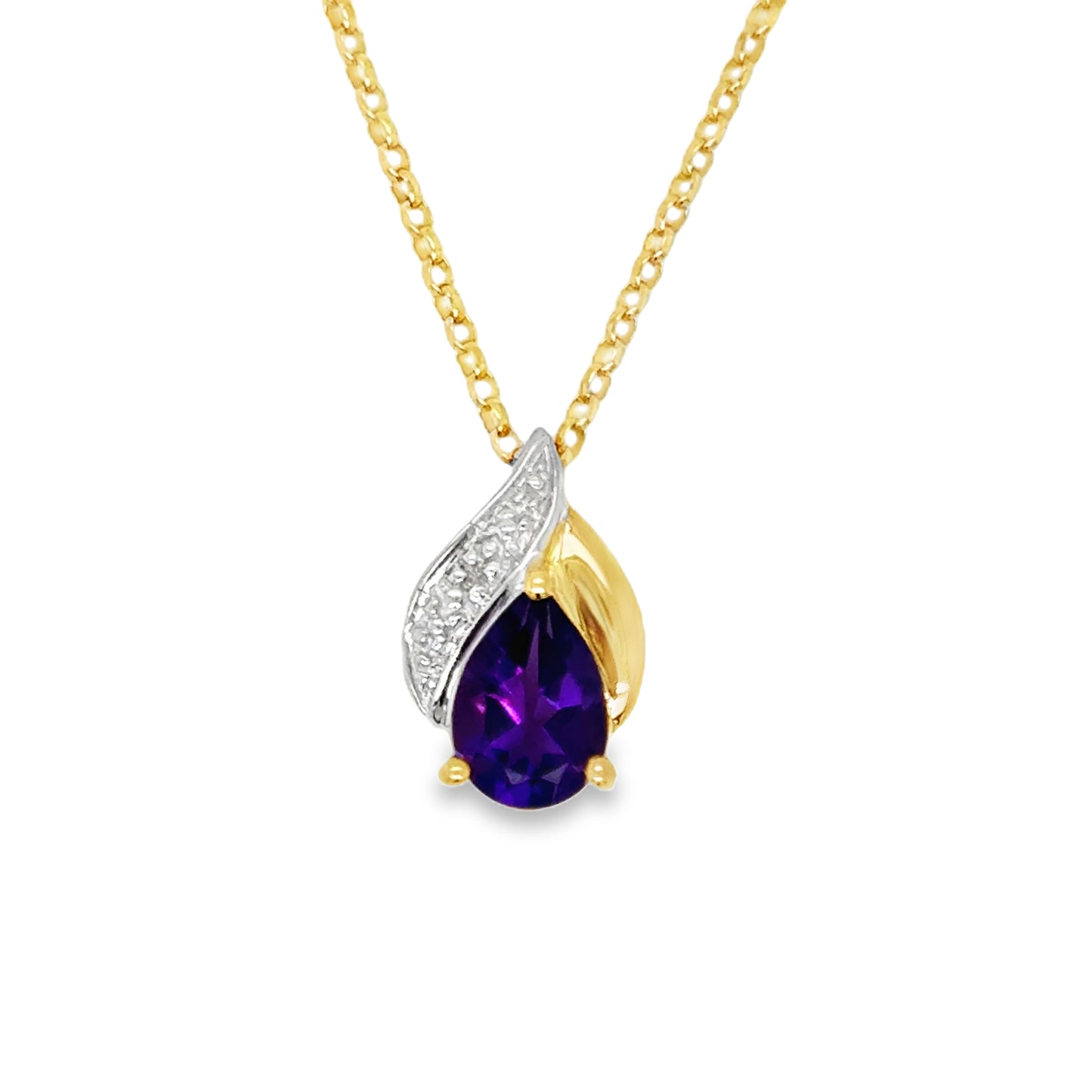 9ct Yellow Gold Pear Cut Amethyst and Diamond Teardrop Swirl Pendant .01ct