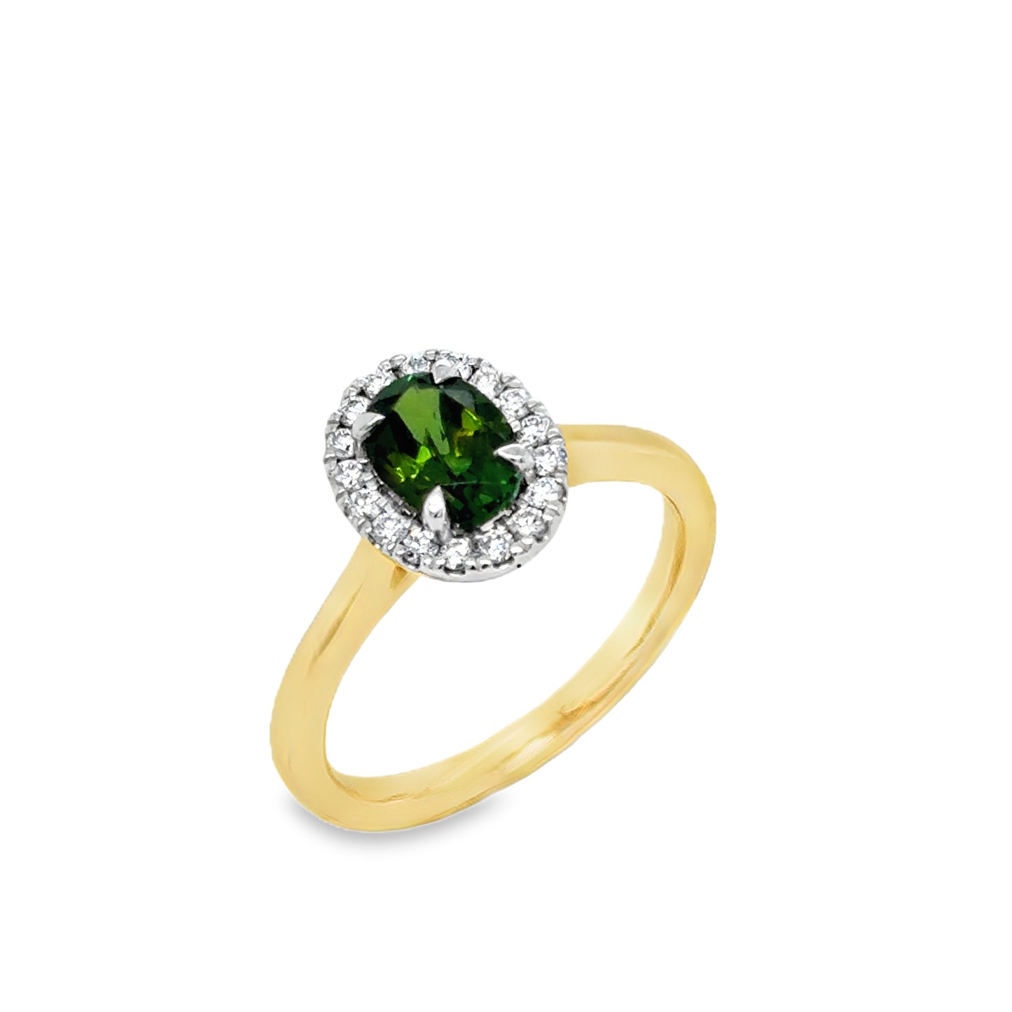9ct Yellow Gold Oval Green Tourmaline and Diamond Halo Ring .20ct