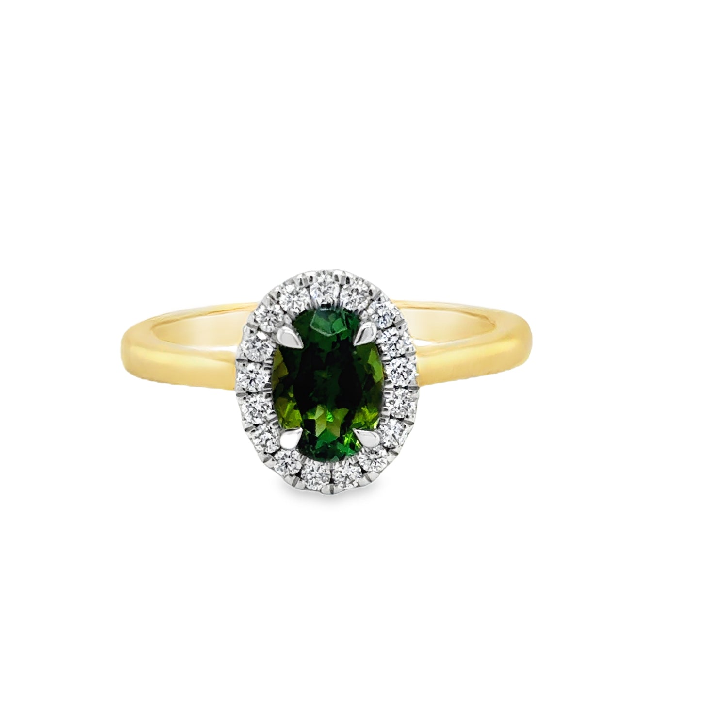 9ct Yellow Gold Oval Green Tourmaline and Diamond Halo Ring .20ct