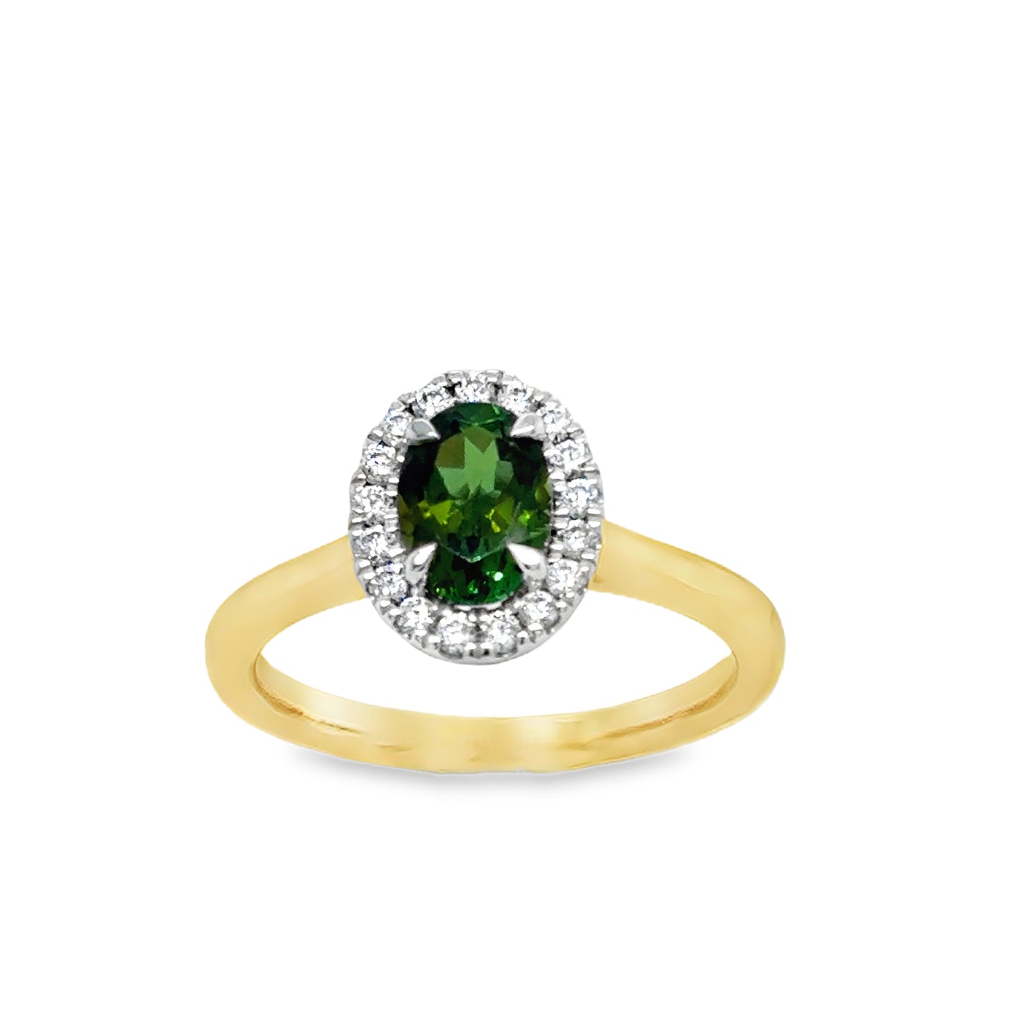 9ct Yellow Gold Oval Green Tourmaline and Diamond Halo Ring .20ct