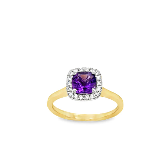 9ct Yellow Gold Cushion Cut Amethyst Ring with Diamond Set Halo .20ct