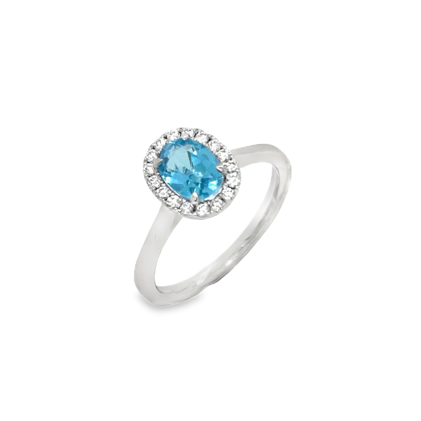 Platinum Blue Topaz Oval Cut Ring With Diamond Halo .17ct