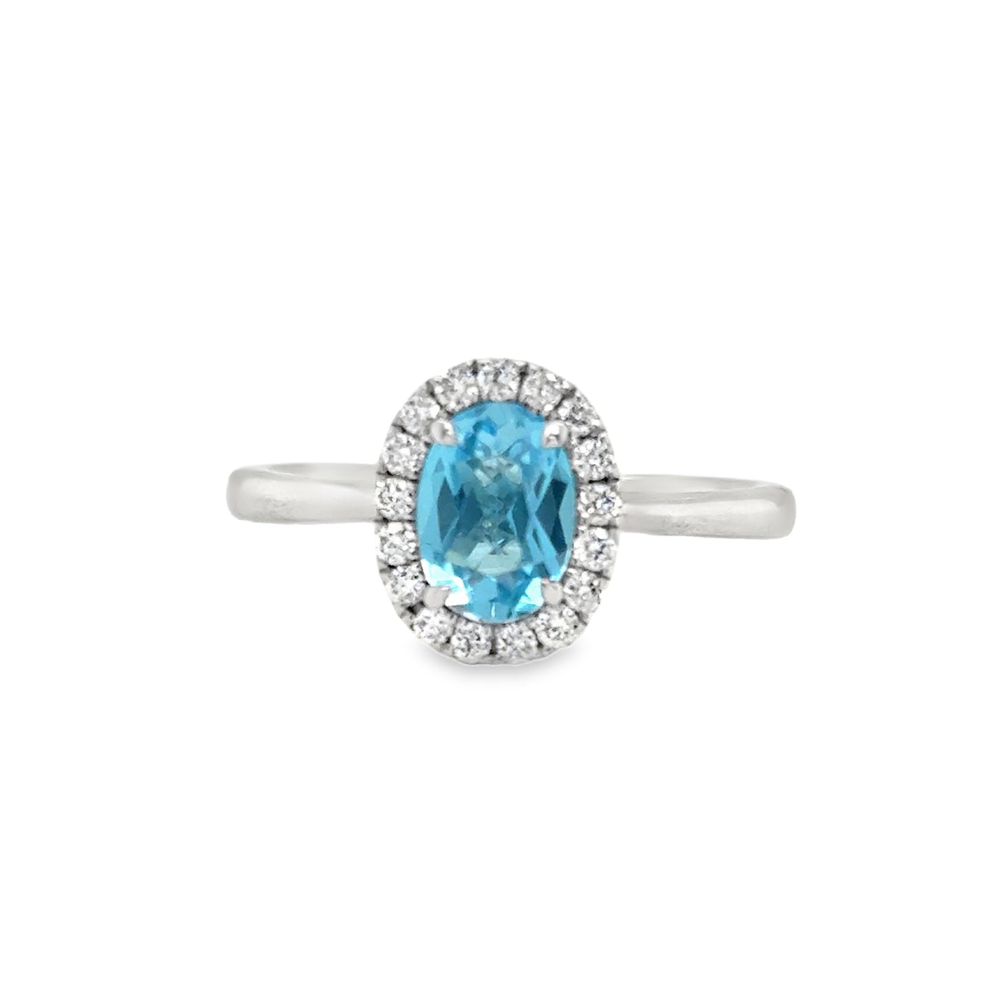 Platinum Blue Topaz Oval Cut Ring With Diamond Halo .17ct