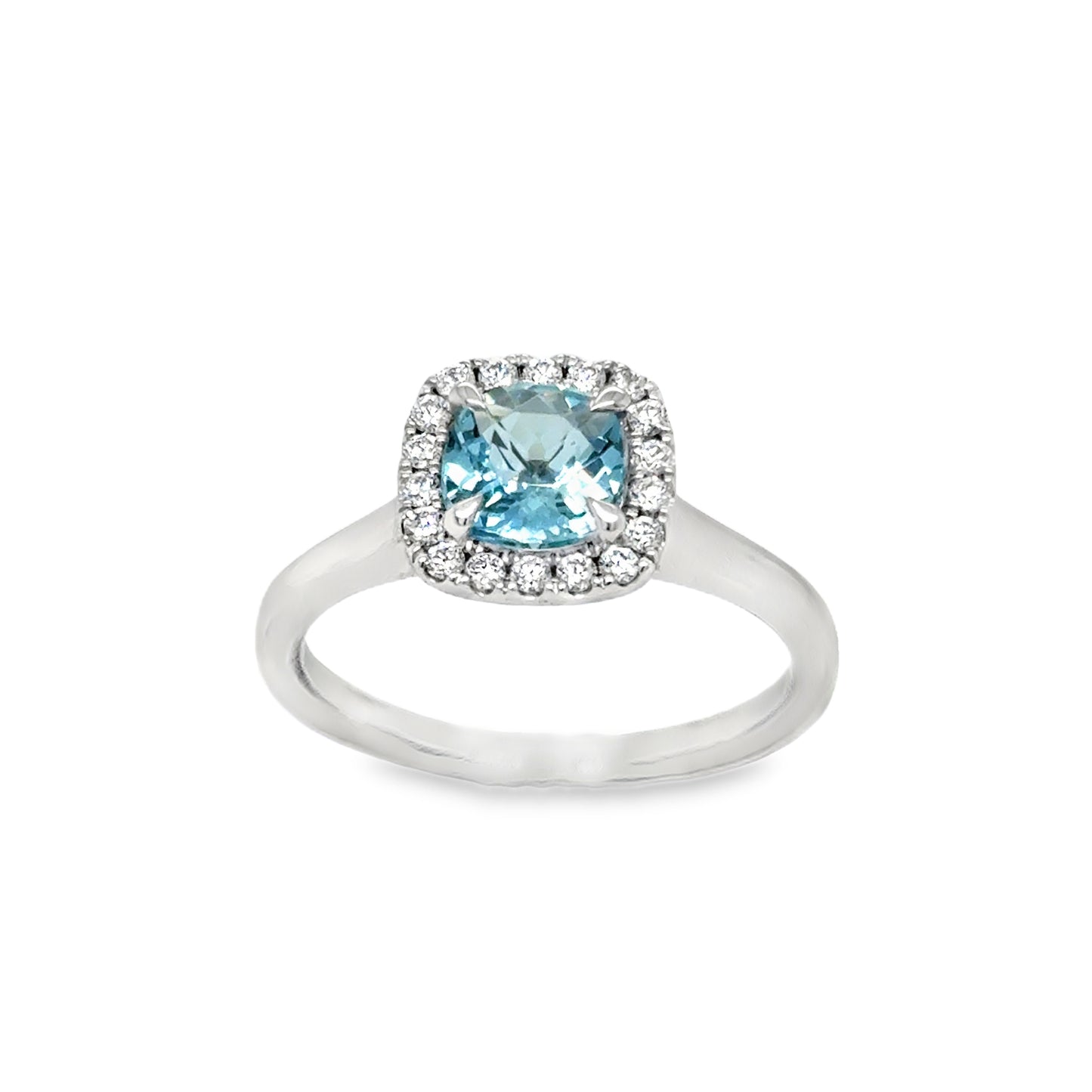 Platinum Aquamarine Cushion Cut Ring With Diamond Halo .20ct