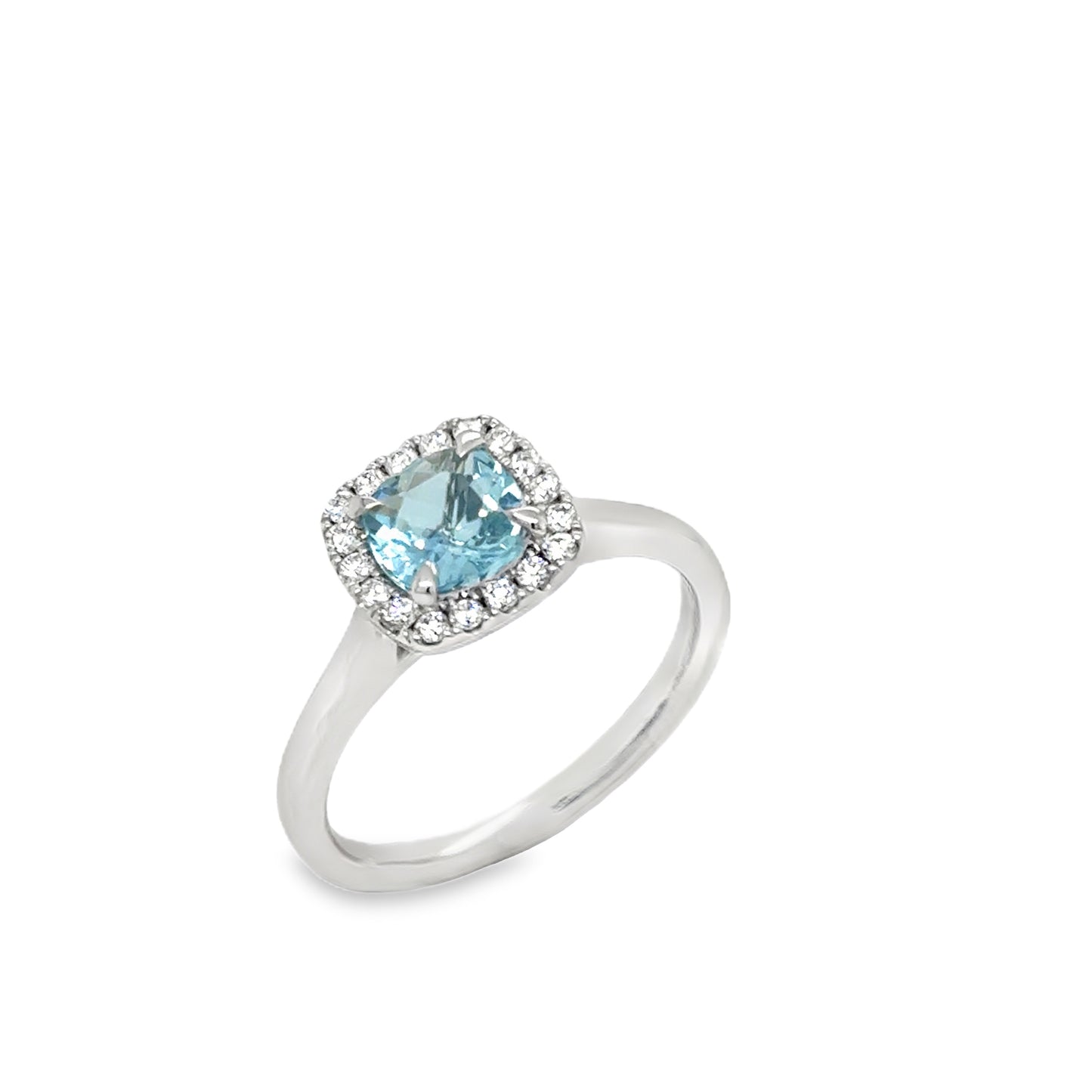 Platinum Aquamarine Cushion Cut Ring With Diamond Halo .20ct