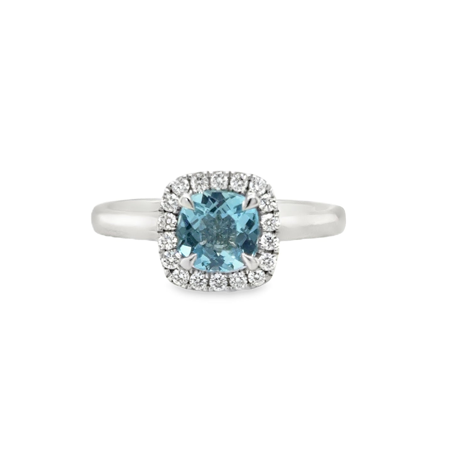 Platinum Aquamarine Cushion Cut Ring With Diamond Halo .20ct