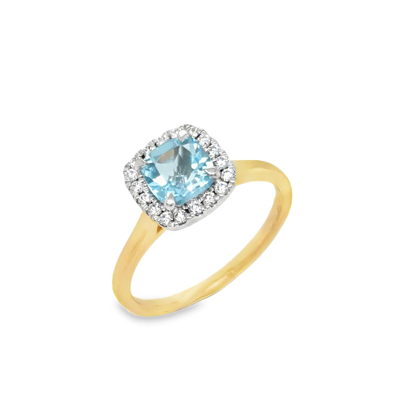 9ct White Gold Cushion Cut Blue Topaz and Diamond Halo Ring .20ct