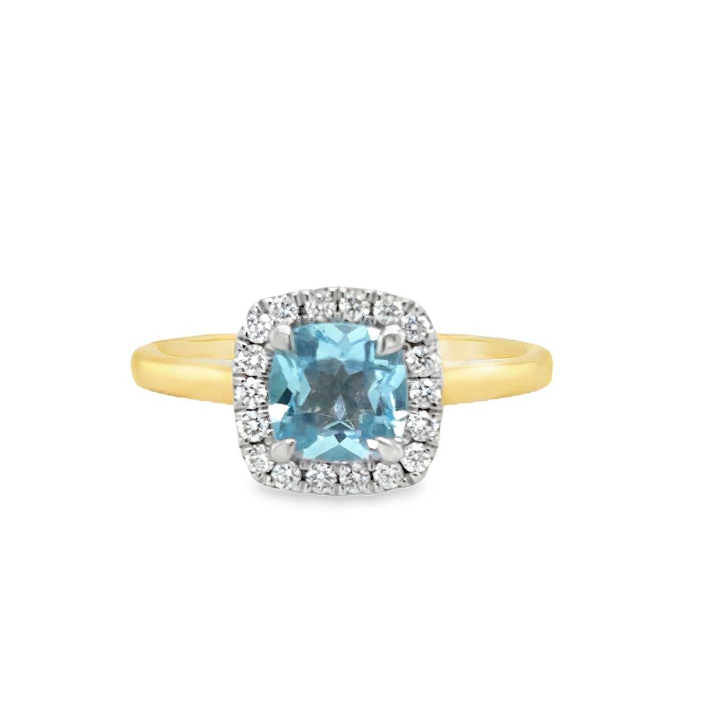 9ct White Gold Cushion Cut Blue Topaz and Diamond Halo Ring .20ct