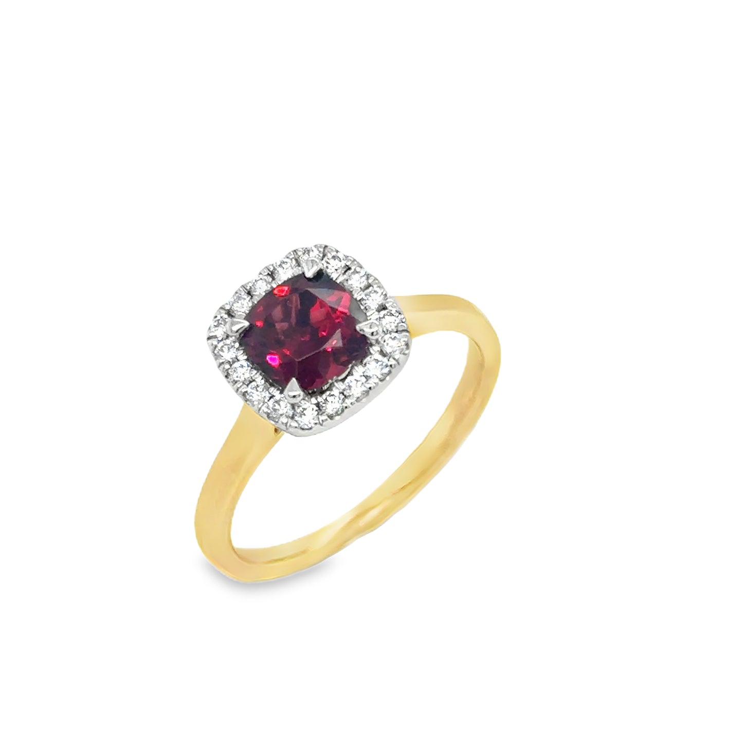9ct Yellow Gold Cushion Cut Garnet Ring with Diamond Set Halo .20ct