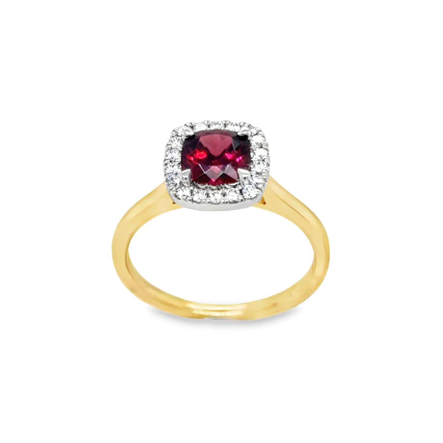 9ct Yellow Gold Cushion Cut Garnet Ring with Diamond Set Halo .20ct