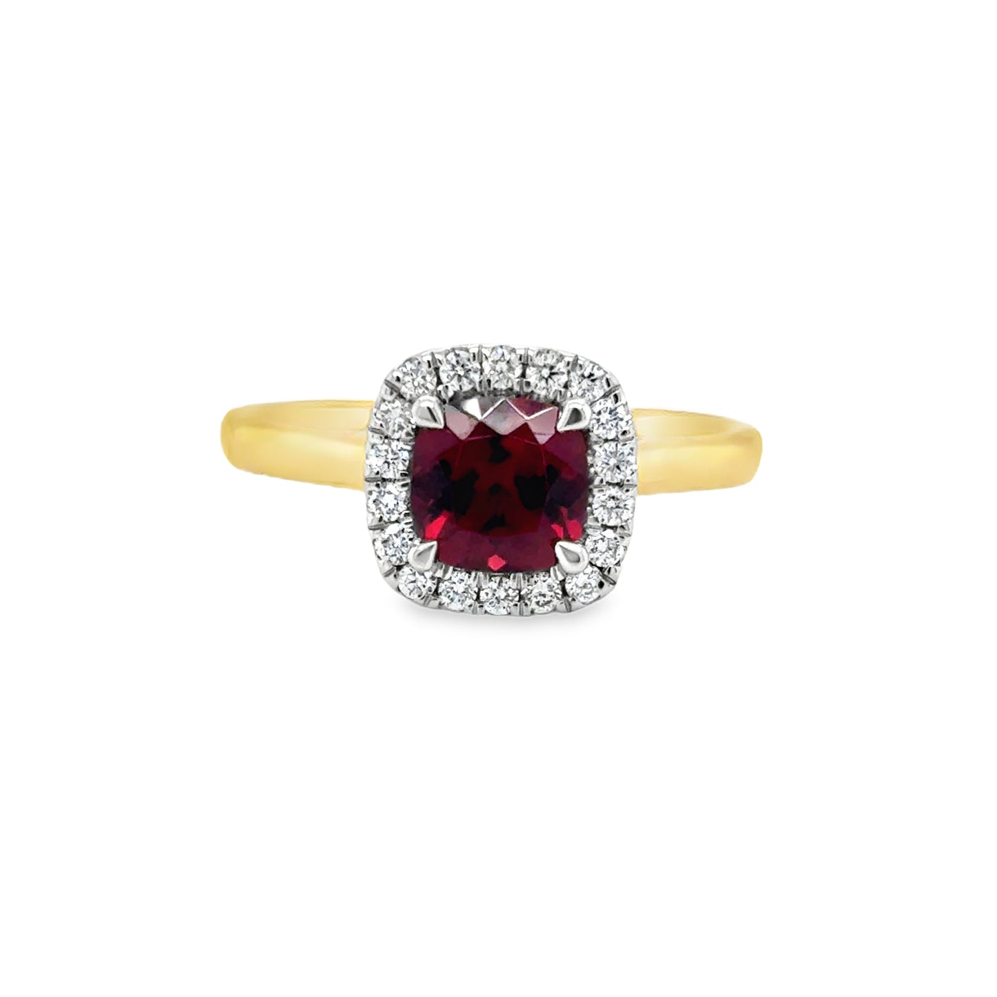 9ct Yellow Gold Cushion Cut Garnet Ring with Diamond Set Halo .20ct
