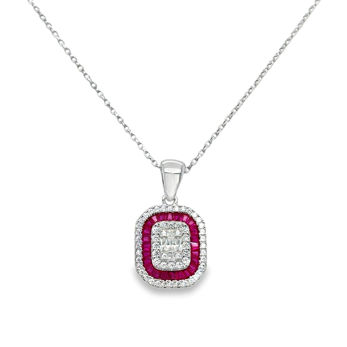 Sterling Silver Rectangular Red and White Cubic Zirconia Pendant