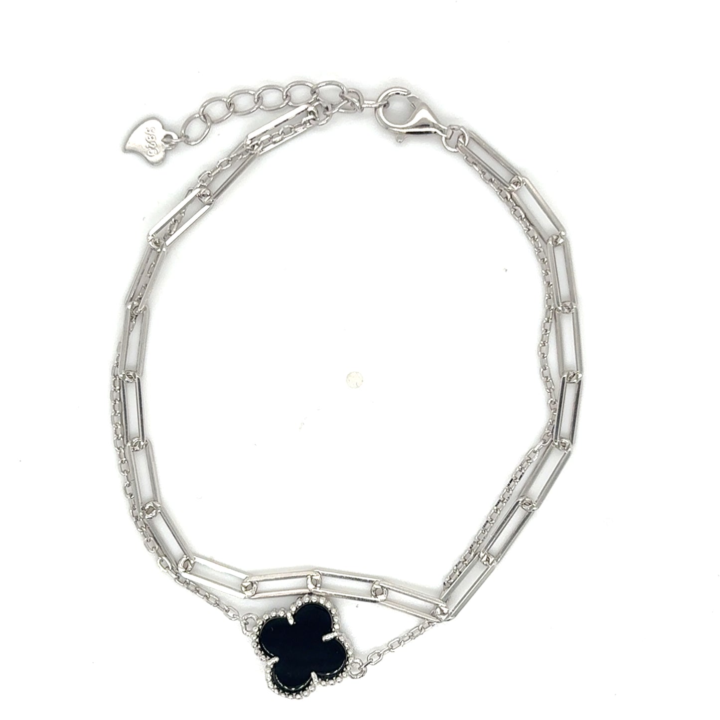 Sterling Silver Layered Paperlink and Black Clover Bracelet