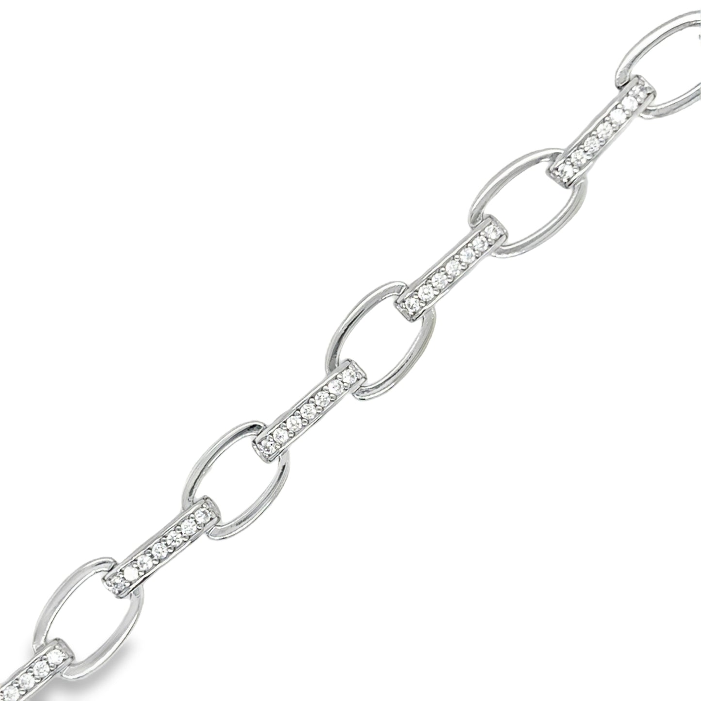 Sterling Silver Open Oval and CZ Bar Link Bracelet