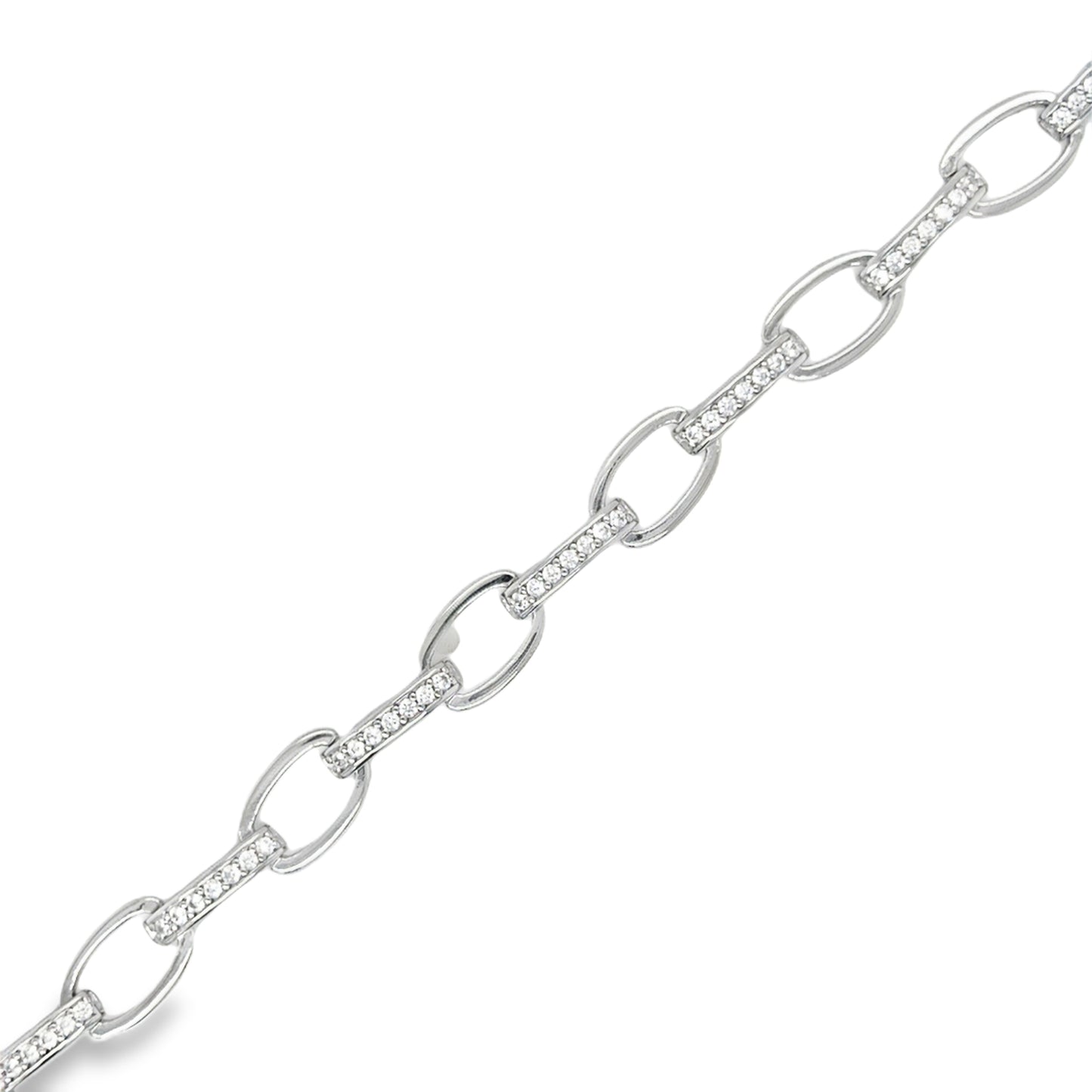 Sterling Silver Open Oval and CZ Bar Link Bracelet