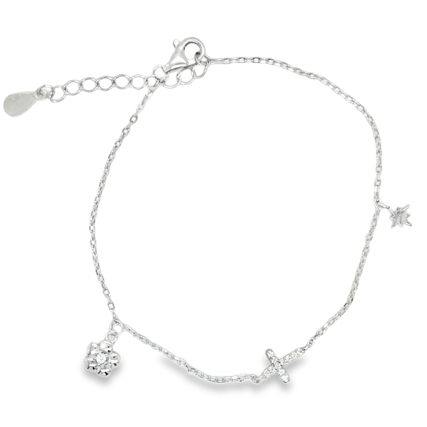 Sterling Silver CZ Cross Flower and Star Scatter Bracelet