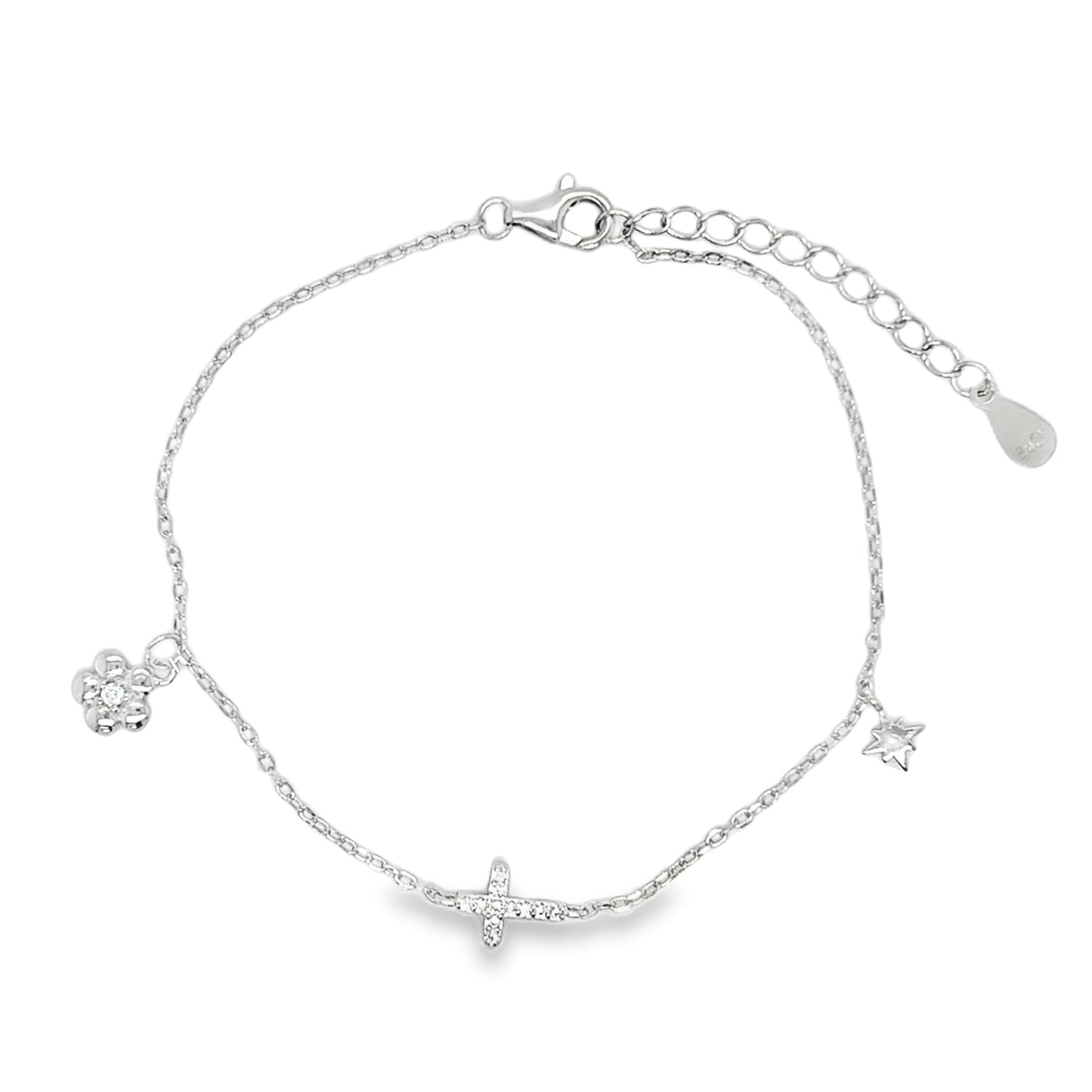 Sterling Silver CZ Cross Flower and Star Scatter Bracelet