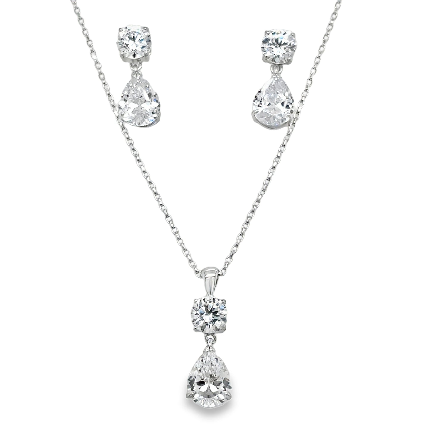 Sterling Silver Round and Pear Drop CZ Pendant and Earring Set