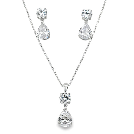 Sterling Silver Round and Pear Drop CZ Pendant and Earring Set