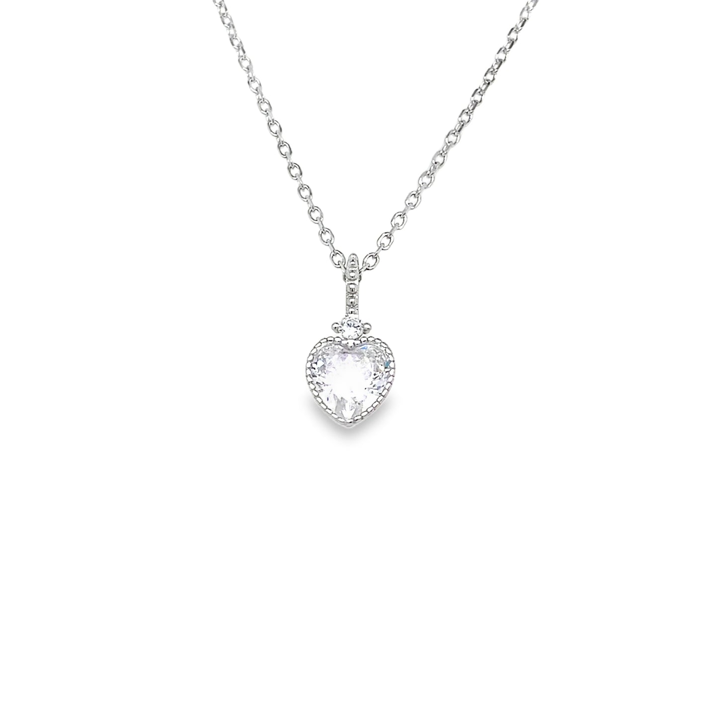 Sterling Silver Rubover CZ Heart Necklet with CZ Baile
