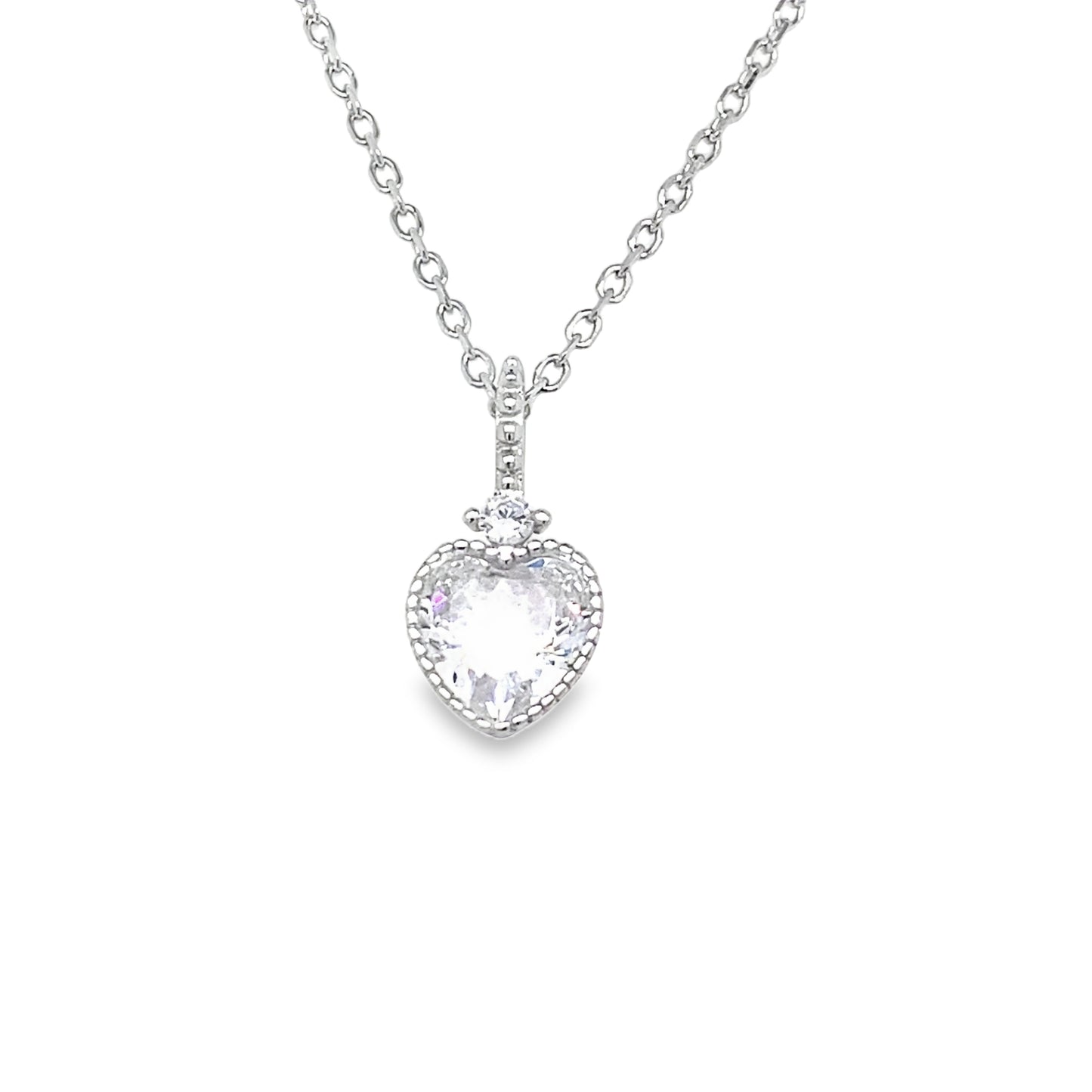 Sterling Silver Rubover CZ Heart Necklet with CZ Baile