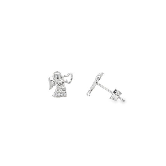 Sterling Silver CZ Pave Angel With Heart Earrings