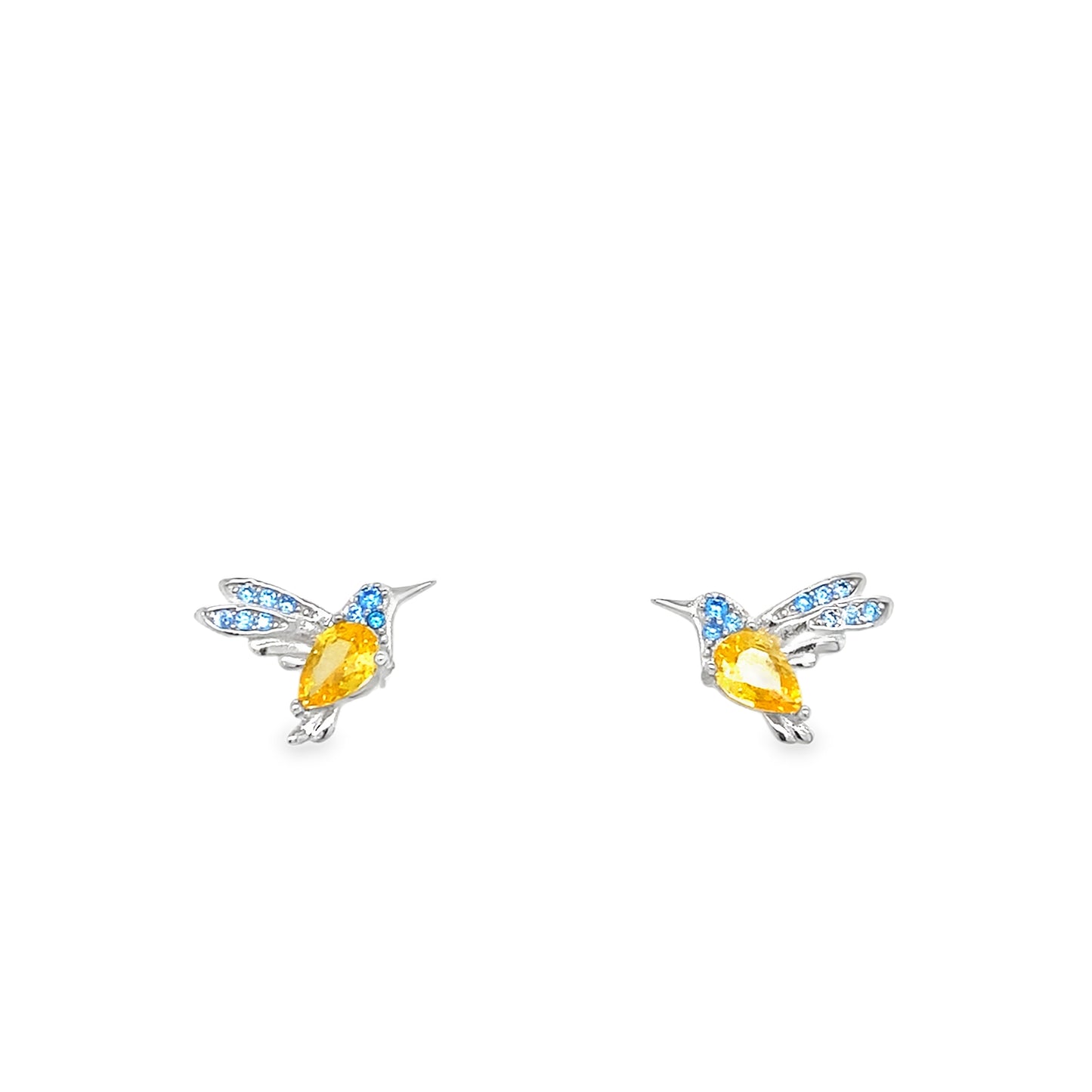Sterling Silver CZ Blue & Yellow Humming Bird Earring