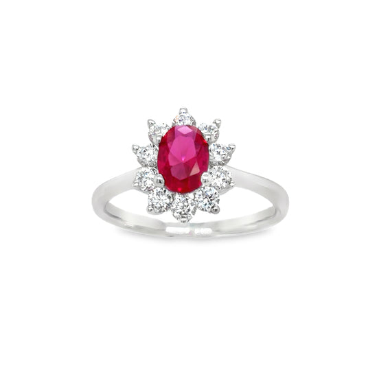 Sterling Silver Cubic Zirconia/Red Flower Cluster Ring