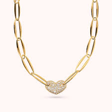 Bronzallure Gold Plated Open Oval Link Necklet With CZ Pave Heart