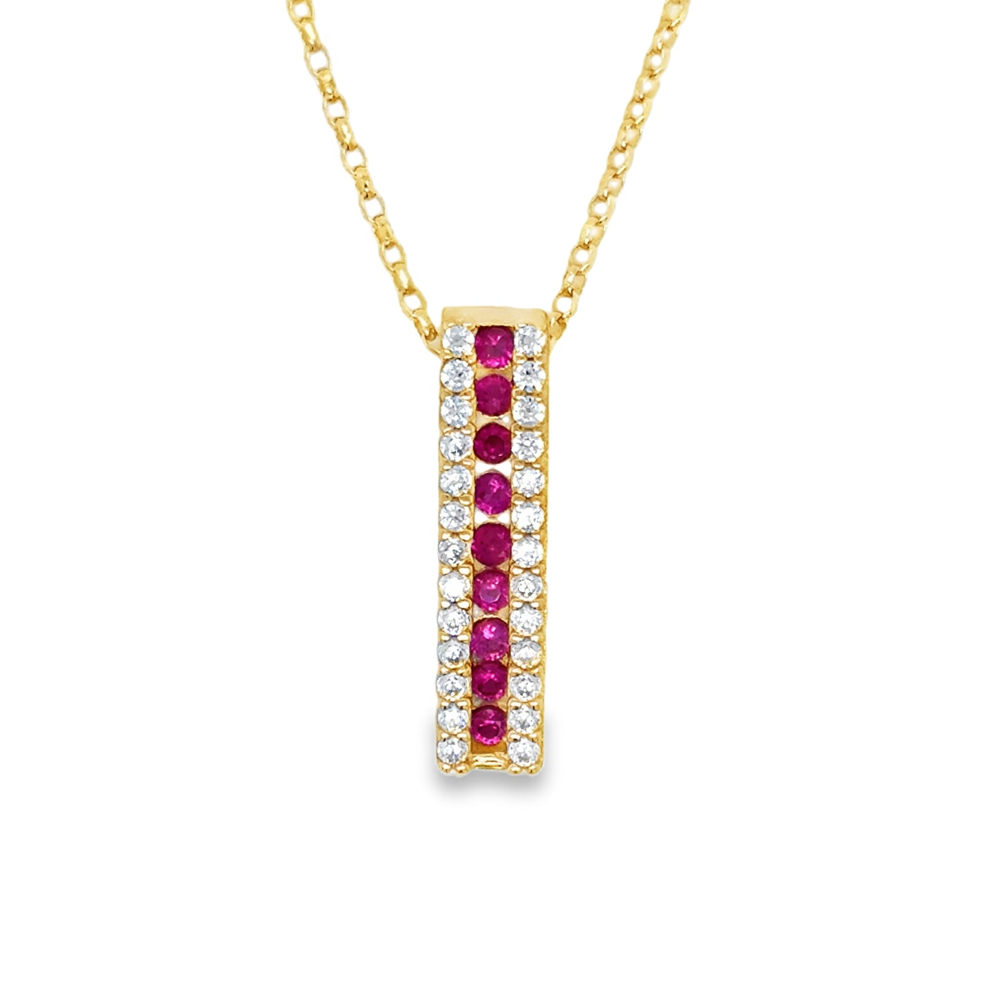 9ct Cubic Zirconia & Red 3 Row Vertical Bar Pendant