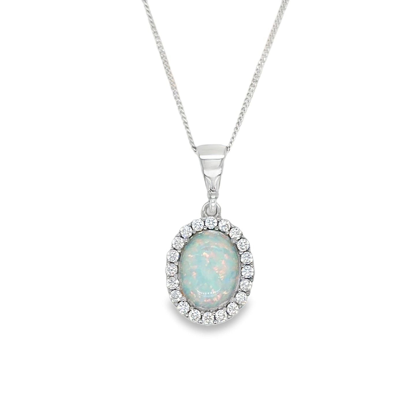 9ct White Gold Round Opal Pendant With CZ Halo