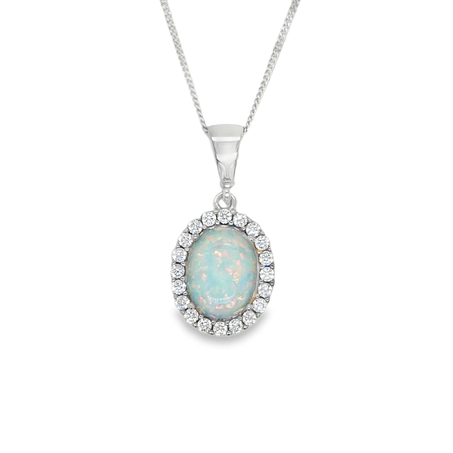 9ct White Gold Round Opal Pendant With CZ Halo
