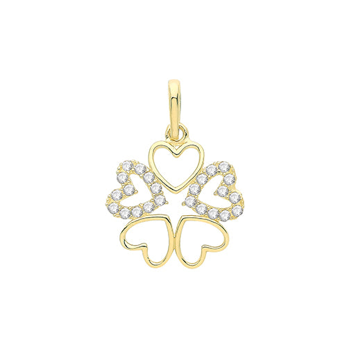 9CT Open CZ Heart Clover Pendant