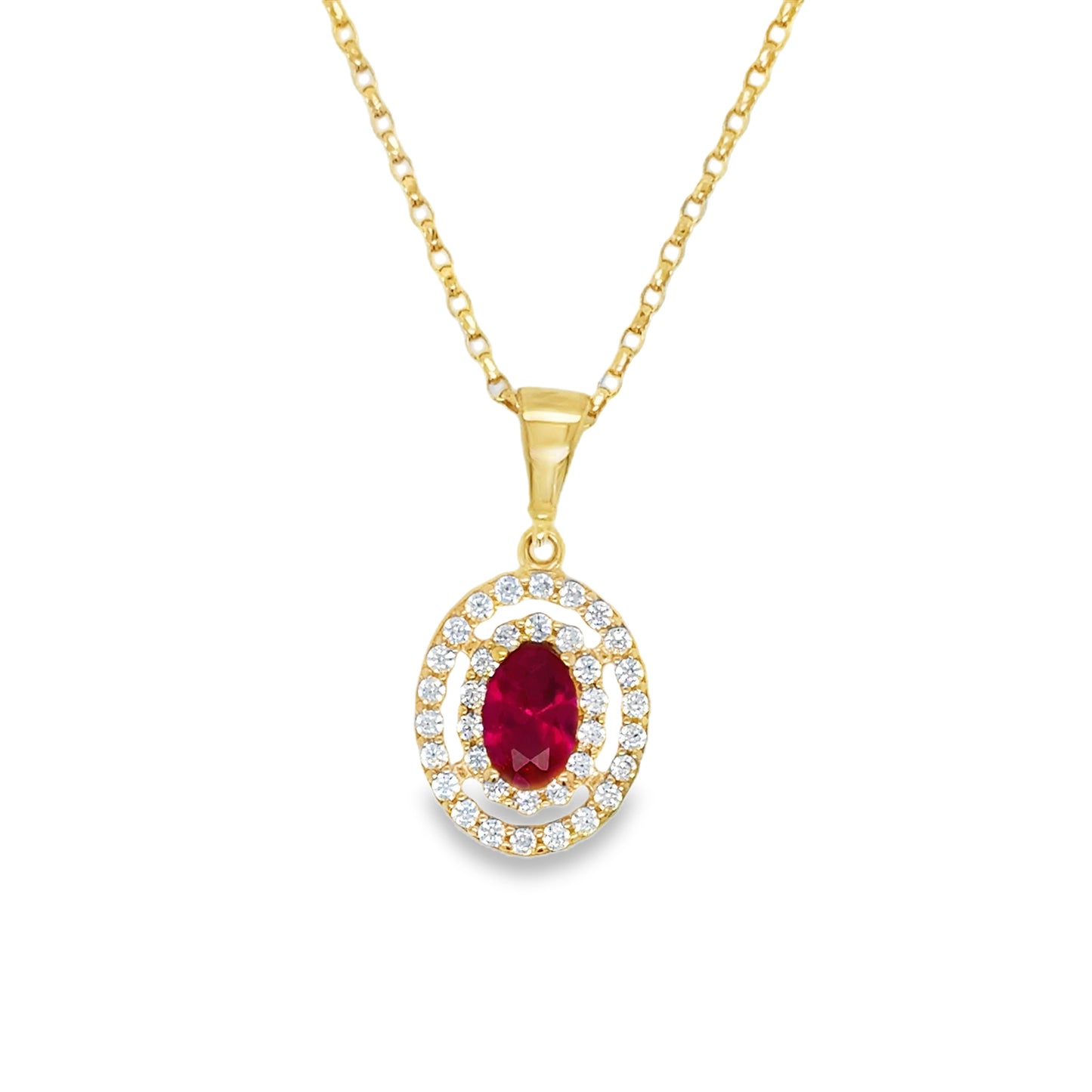 9ct White & Red Cubic Zirconia Oval Pendant With Double Halo