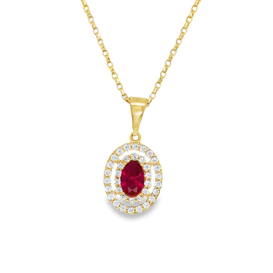 9ct White & Red Cubic Zirconia Oval Pendant With Double Halo